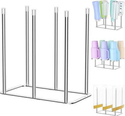 Water Bottle Drying Rack Reusable Bottle Rack Dryer Kitchen Stand Holder Metal Countertop Baby Bottle Drying Rack Water Cup Drying Rack for Plastic Bags, Bottles and Cups (Sliver, Small)