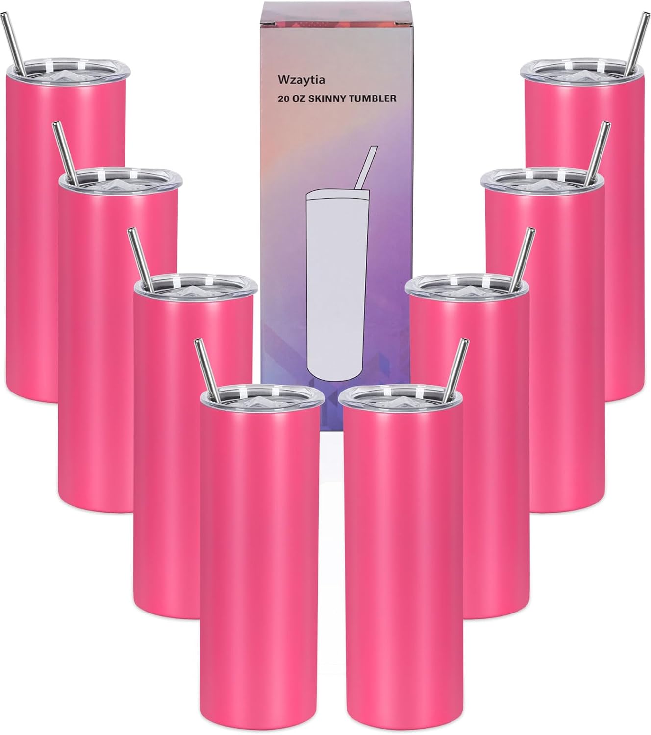 8 Pack 20 Oz Straight Skinny Tumblers, Individually Gift Boxed Stainless Steel Slim Skinny Tumbler Set Bulk, 20 Oz Insulated Slim Thin Travel Tumbler Cup for Diy, Silver
