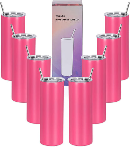 8 Pack 20 Oz Straight Skinny Tumblers, Individually Gift Boxed Stainless Steel Slim Skinny Tumbler Set Bulk, 20 Oz Insulated Slim Thin Travel Tumbler Cup for Diy, Silver
