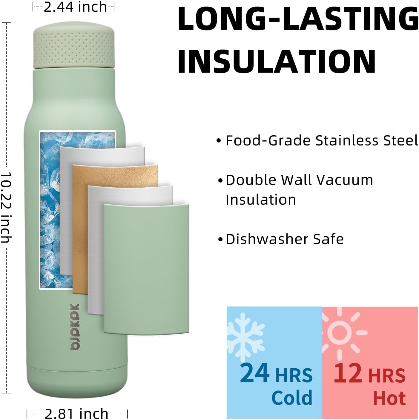 BJPKPK Stainless Steel Water Bottle,21oz insulated Reusable Bottle,Leakproof Metal Thermal Flask Double Wall,Keep Drinks Cold and Hot,Mint Green