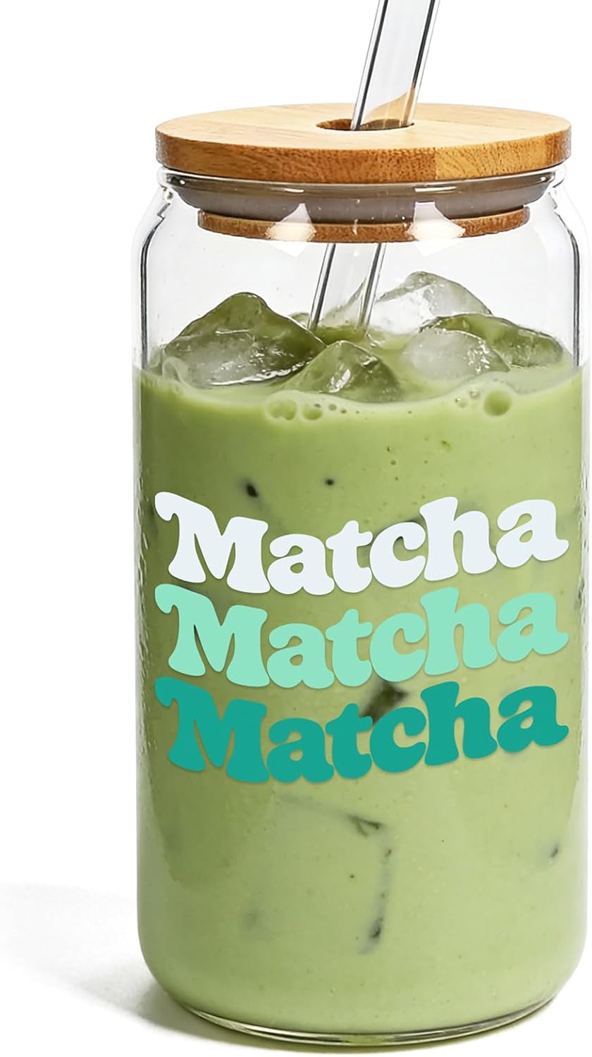 Mason Life Matcha Cup, 18 OZ Cute Glass with Lid and Straw, Matcha Drinking Cup Beer Can Glass for Valentines Day Gift Iced Coffee Smoothie Cocktail Milk Mother's Gifts