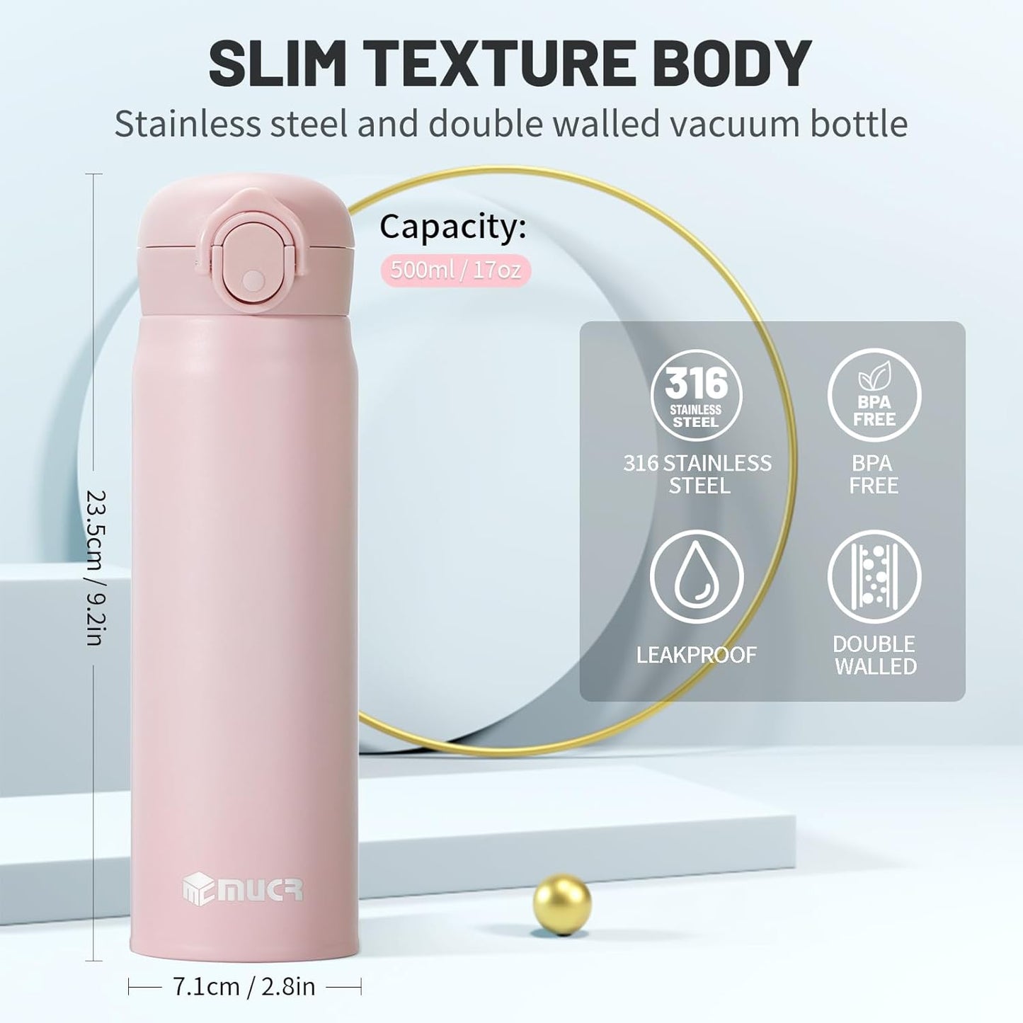 17 oz / 500 ml Insulated Water Bottle, Stainless Steel Thermo Coffee Travel Mug, Thermal Cup with Snap Flip Lid, BPA Free for Hot and Cold Drinking, Black