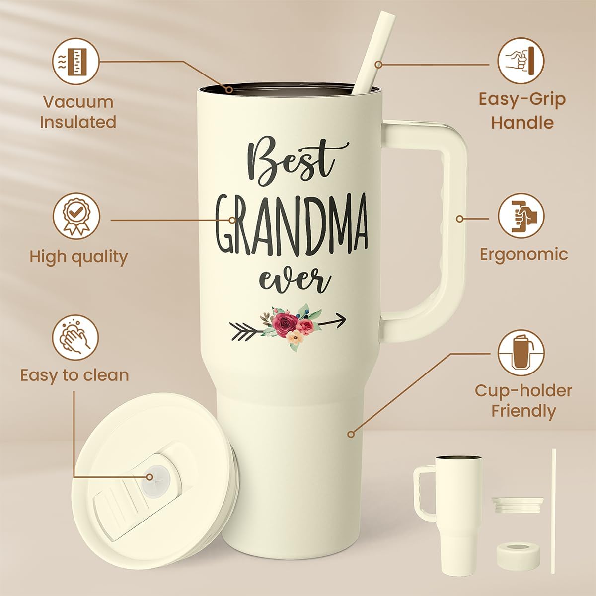 Floral Tumbler with Handle 40oz, Stainless Steel Insulated Tumblers Coffee Travel Mug Cup with Straw, Flower Coffee Cup Gifts for Women Girls, Gift for Her on Christmas Birthday Mothers Day