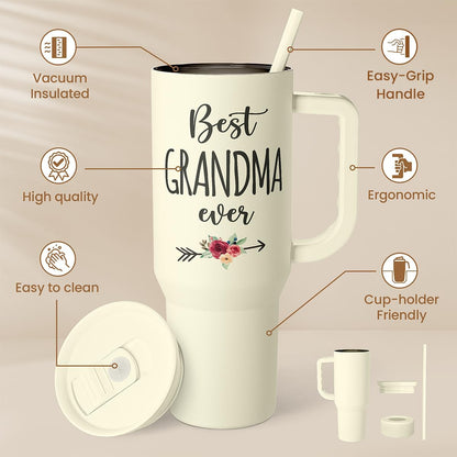 Floral Tumbler with Handle 40oz, Stainless Steel Insulated Tumblers Coffee Travel Mug Cup with Straw, Flower Coffee Cup Gifts for Women Girls, Gift for Her on Christmas Birthday Mothers Day