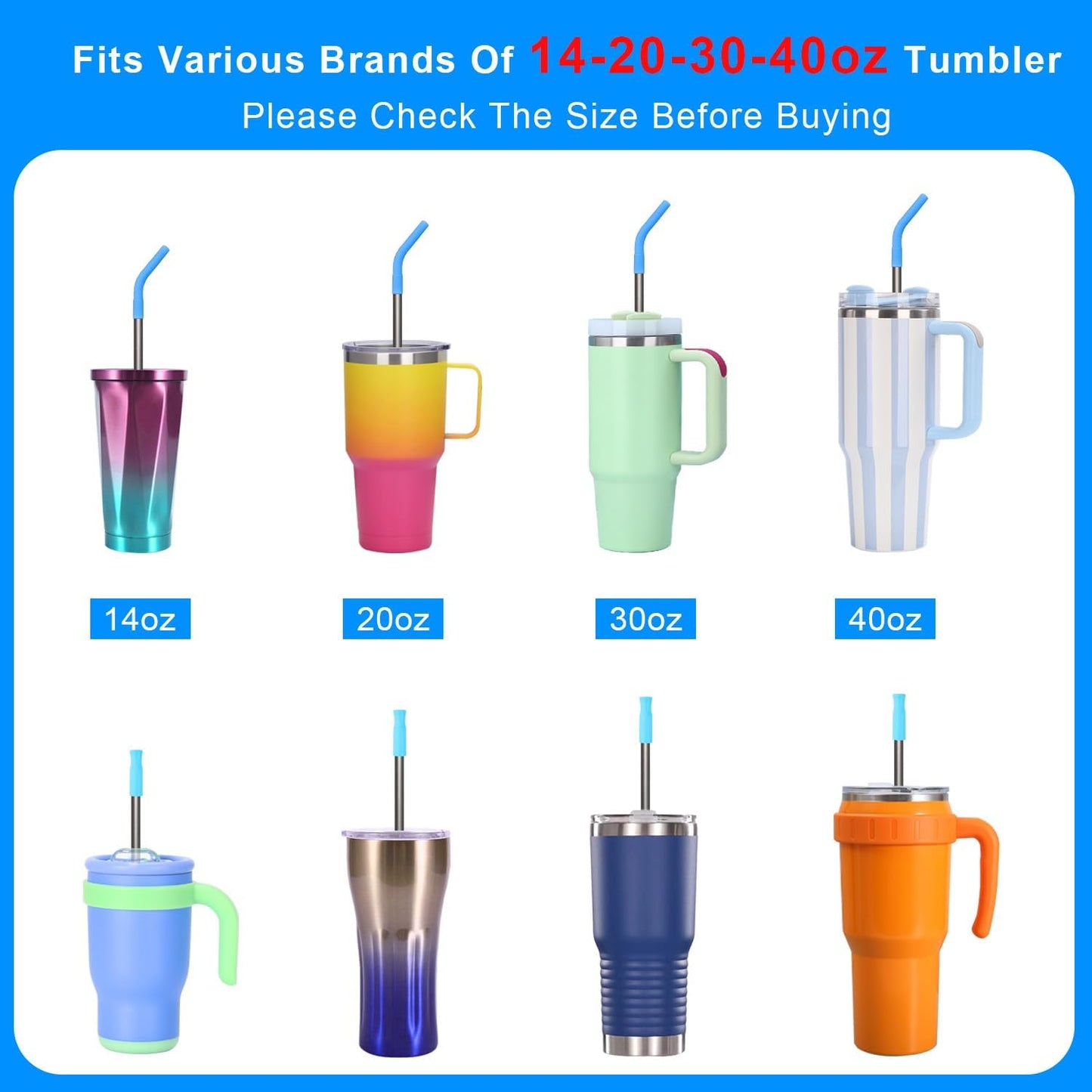Reusable Stainless Steel Straws Set 6 PCS with 6 Silicone Tips, 2 Straw Brush, 1 Storage Case, Different Sizes of Metal Straws Reusable, Suitable for 14, 20, 30 oz Cups Tumbler, for Hot/Cold Drinks