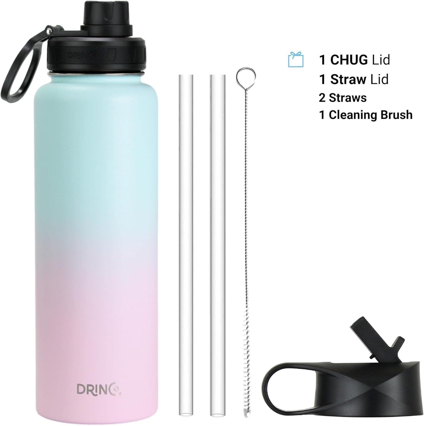 Drinco Stainless Steel Water Bottle Spout Lid Vacuum Insulated Double Wall Water Bottle Wide Mouth (40oz 32oz 22oz 18oz 14oz) Leak Proof Keep Cold Sport Camping Hiking (22 oz, 22oz Black)