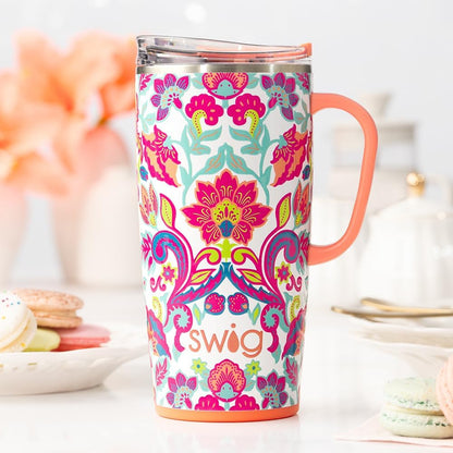 Swig Life 18oz Travel Mug, Insulated Tumbler with Handle and Lid, Cup Holder Friendly, Dishwasher Safe, Stainless Steel, Travel Coffee Cup (Honey Meadow)