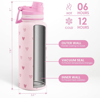 SANDJEST Pickleball Stainless Steel Water Bottle with Strap 32oz, Insulated Bottles with Straw and Spout Lid for Gym Sports Travel Outdoor, Gifts for Women Girls Birthday Christmas