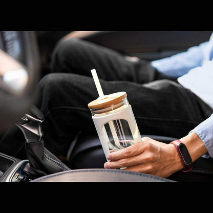 Kodrine 20oz Glass Water Tumbler with Straw and Lid, Bamboo Lids Water Bottle, Iced Coffee Cup Reusable, Wide Mouth Smoothie Cups with Protective Silicone Sleeve BPA FREE-Black - Colors A