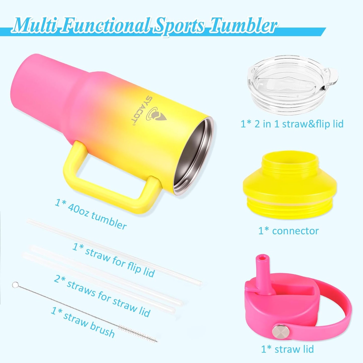 40 oz Tumbler with Handle and Straw or Convert to 40 oz Insulated Water Bottle Fits in Cup Holder. Stainless Steel Metal Water Flask with 2 Lids for Travel,Camping,Gym Sports Coffee Mug Thermal Cup