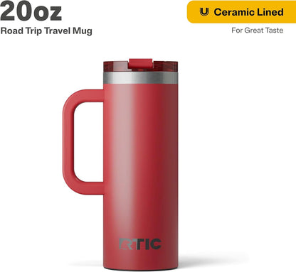 RTIC 20oz Road Trip Travel Mug with Lid and Handle, Ceramic Lined, Insulated, Stainless Steel, Metal, Double Wall Vacuum-Insulation, Portable Coffee, Tea Cup for Hot and Cold Drink, Black