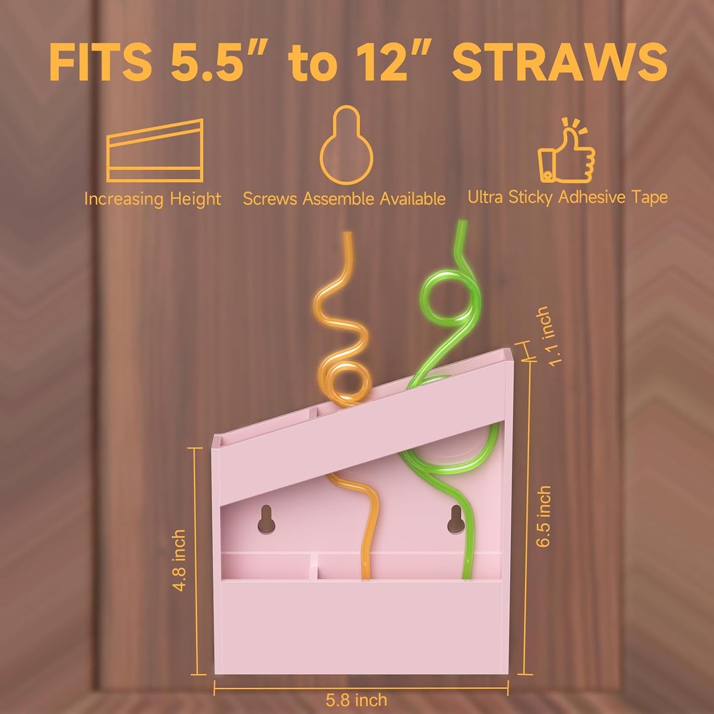 Acrylic Straw Holder for Cabinet - 9.5 Inch Clear Reusable Straw Organizer Dispenser with Ultra Sticky Adhesive Tapes, Slanted Kitchen Accessories Container Cupboard Door Mounted
