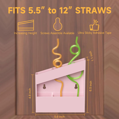 Acrylic Straw Holder for Cabinet - 9.5 Inch Clear Reusable Straw Organizer Dispenser with Ultra Sticky Adhesive Tapes, Slanted Kitchen Accessories Container Cupboard Door Mounted