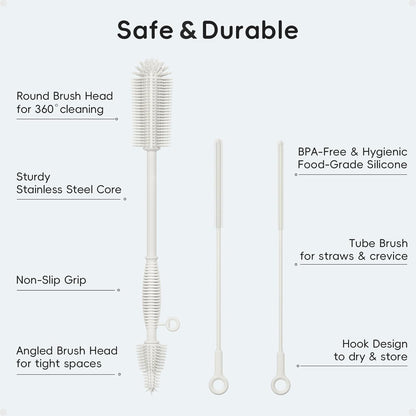 Silicone Cleaning Brush Kit,Water Bottle and Straw Cleaner Brush Set for Tumbler,Baby Bottle,Breast Pump Part,Nipple,Sippy Cup,Glass,Dishwasher Safe,BPA Free,3 Pcs