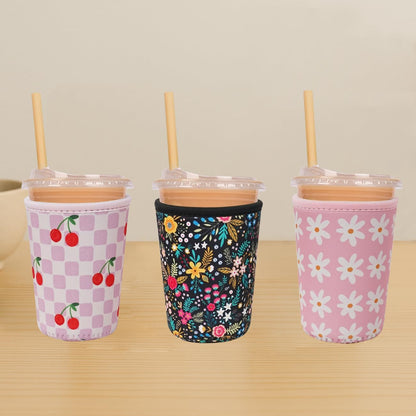 Reusable Insulated Neoprene Iced Coffee Cup Sleeve, Durable Drink Sleeve for Cold Beverages, Beverage Holder for Iced Coffee, Floral Checkers