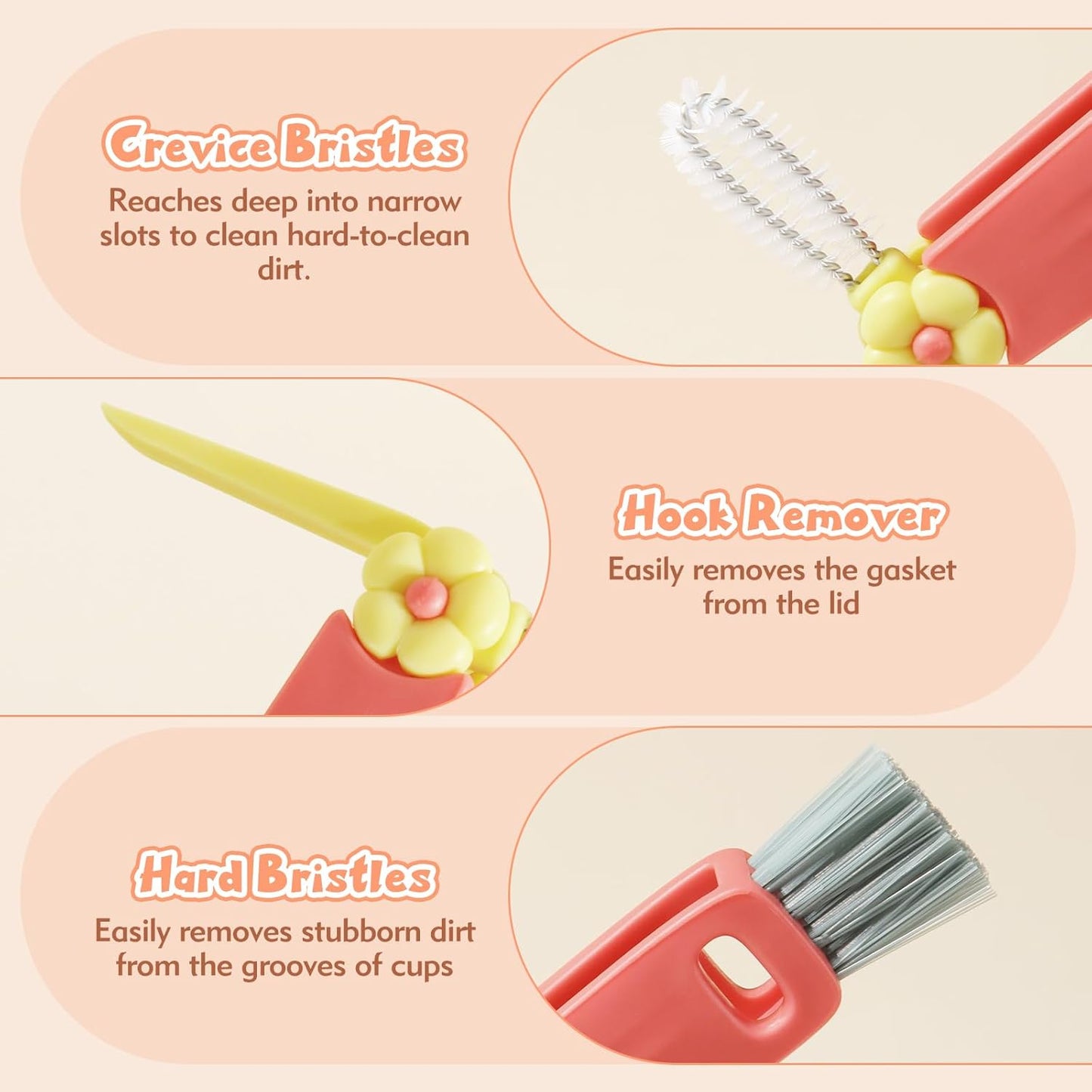 3-in-1 Cup Lid Cleaning Brush–Multi-Functional Bottle & Straw Cleaner with Scraper, Crevice & Angled Brush – Deep Clean Coffee Mugs, Water Bottles, Tumblers & More – Durable, Heat-Resistant PP