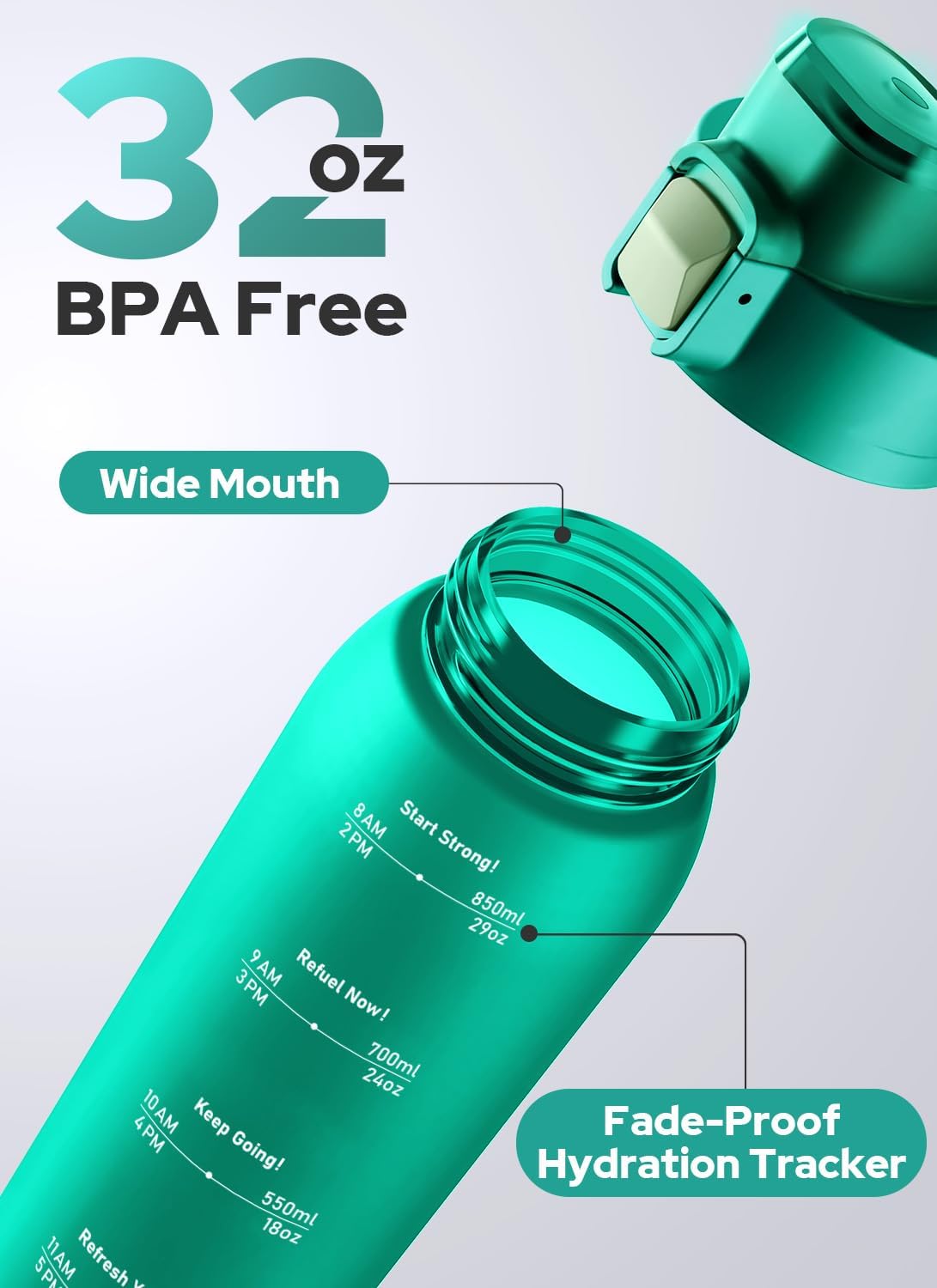 Opard Zip 32oz Plastic Water Bottle Dishwasher Safe, Leakproof Flip-Top Lid, BPA Free Tritan, Wide Mouth Reusable Sports Water Bottle for Gym Hiking Commuting Outdoor Travel and School