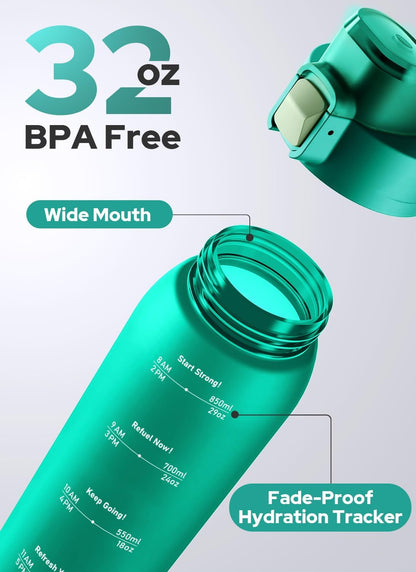 Opard Zip 32oz Plastic Water Bottle Dishwasher Safe, Leakproof Flip-Top Lid, BPA Free Tritan, Wide Mouth Reusable Sports Water Bottle for Gym Hiking Commuting Outdoor Travel and School