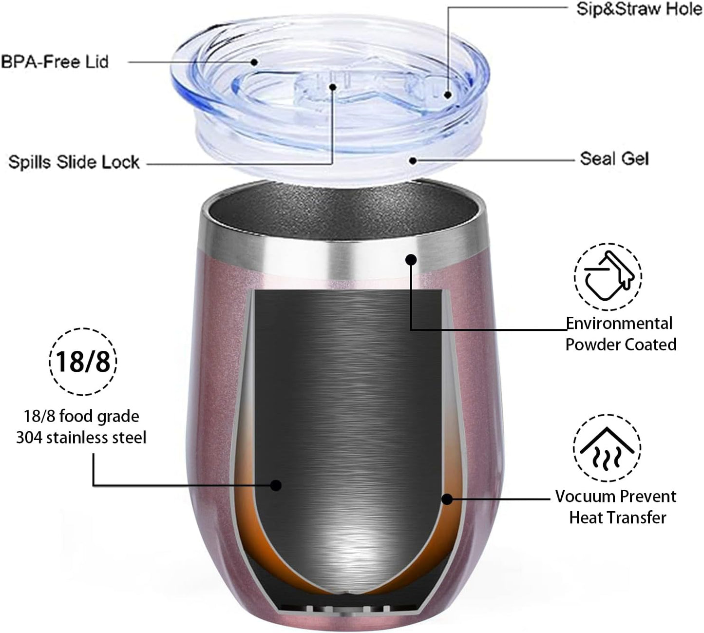 MEZMUT 12 Oz Insulated Wine Tumbler with Lid Double Wall Vacuum Stainless Steel Wine Glass Coffee Mug Insulated Tumbler Cup for Champaign, Cocktail, Beer (Black, 1 Pack)