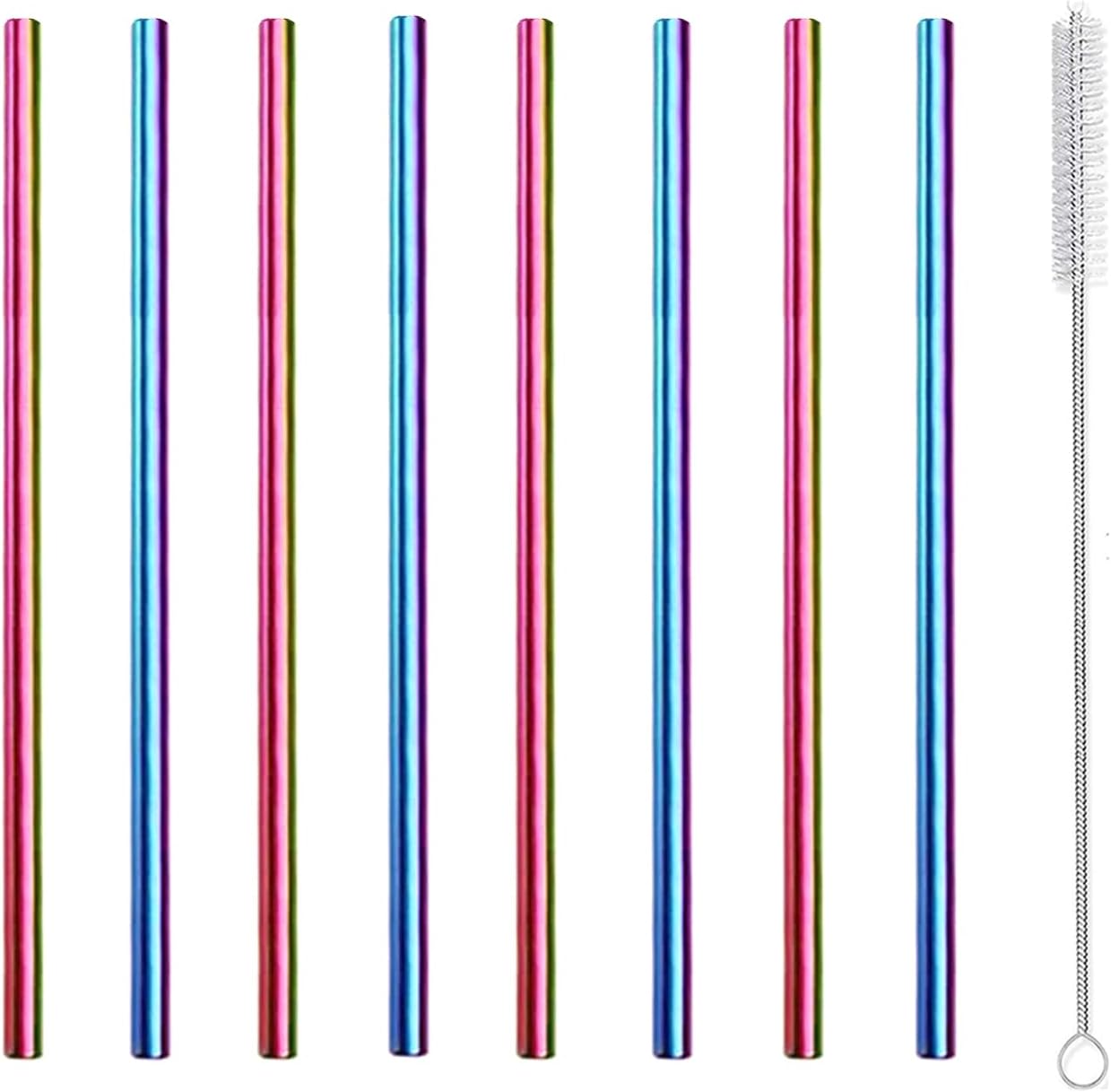 Stainless Steel Straws Metal Reusable Drinking Straw for Juice Iced Coffee Cold Beverage Water Highball Glasses 20oz Tumblers Mugs Cups, 0.24" 6mm Wide 215mm Long, Set of 8 with Brush, Silver