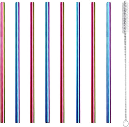 Stainless Steel Straws Metal Reusable Drinking Straw for Juice Iced Coffee Cold Beverage Water Highball Glasses 20oz Tumblers Mugs Cups, 0.24" 6mm Wide 215mm Long, Set of 8 with Brush, Silver