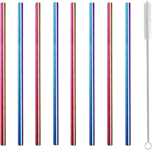 Stainless Steel Straws Metal Reusable Drinking Straw for Juice Iced Coffee Cold Beverage Water Highball Glasses 20oz Tumblers Mugs Cups, 0.24" 6mm Wide 215mm Long, Set of 8 with Brush, Silver