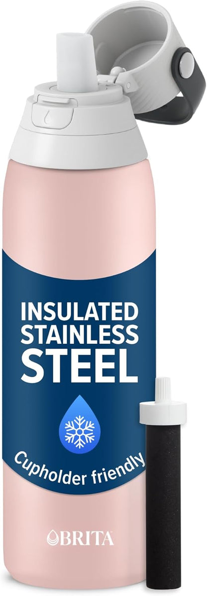 Brita Stainless Steel Premium Filtering Water Bottle, BPA-Free, Reusable, Insulated, Replaces 300 Plastic Water Bottles, Filter Lasts 2 Months or 40 Gallons, Includes 1 Filter, Glacier - 20 oz