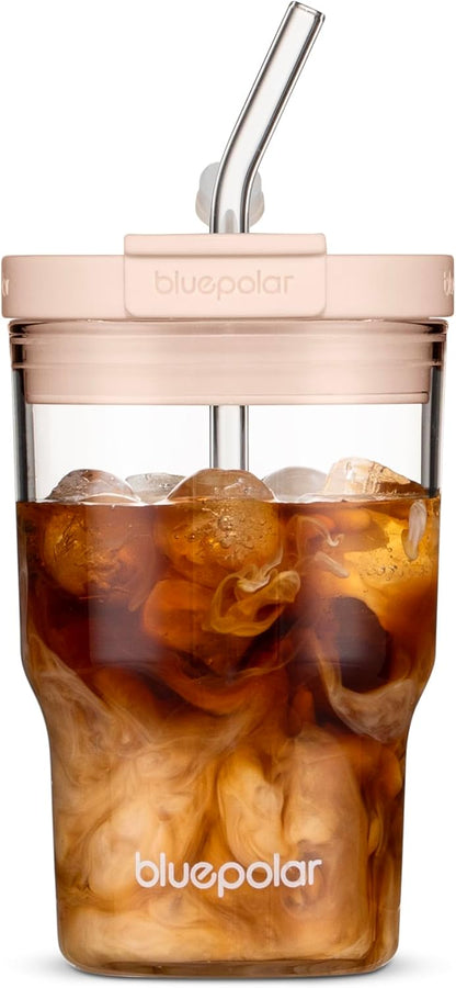 BLUEPOLAR 16oz/480ml Iced Coffee Cups With Lids And Straws,Reusable Leakproof Glass Tumbler,Water Bottles,Cold Brew,Drinking Jars For Juicing,Matcha,Tea,Smoothie For Travel,Office (Off-White)