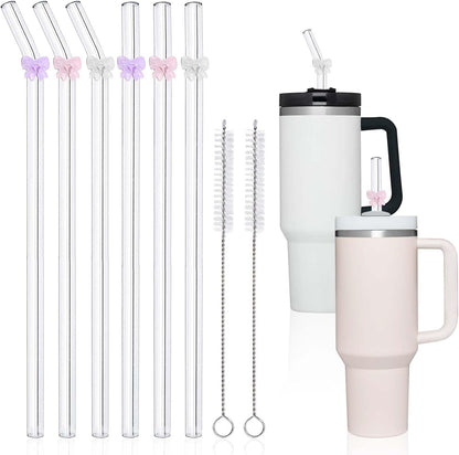 6 Pack Replacement Glass Straws for Stanley 40 oz 30 oz Tumbler, Reusable Cute Flower Glass Straws, Stanley Straw with Cleaning Brush Stanley Cup Accessories, 12 inches