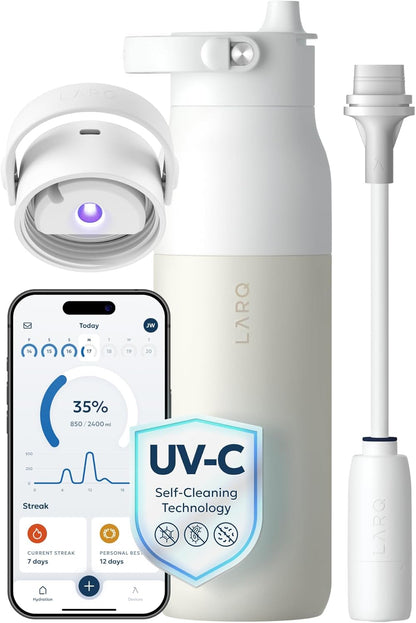 LARQ PureVis 2 Self Cleaning Water Bottle - UV Water Purifier with Filter Straw, Smart App Hydration Tracking, Insulated Stainless Steel