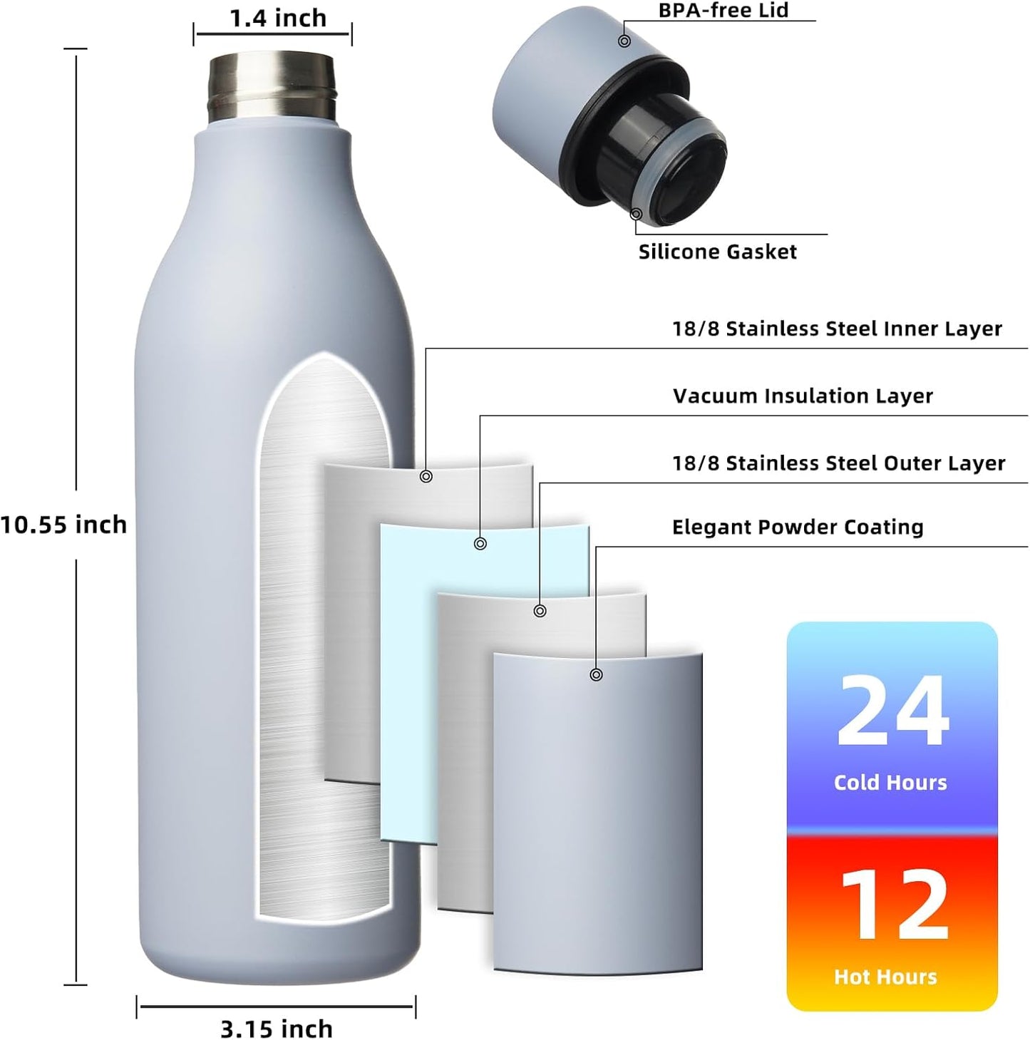 BJPKPK Insulated Water Bottles, 18 oz Stainless Steel Metal Water Bottle with Strap, BPA Free Leak Proof Jugs, Mugs, Flasks, Reusable Thermal Flasks for Sports & Travel, Black - Colors B