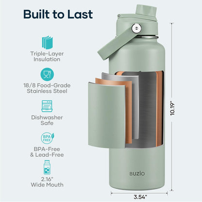BUZIO 40oz Insulated Water Bottle, Triple Wall Vacuum Stainless Steel Water Flask with 2 lids, Lead-Free BPA-Free Straw Lid Sports Canteen Jug, Cold 48H & Hot 24H- Black - Colors A