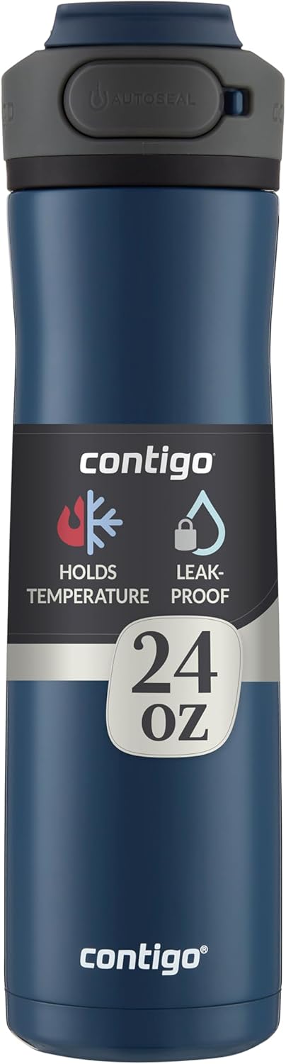 Contigo Cortland Chill 2.0 Vacuum-Insulated Stainless Steel Water Bottle, Spill-Proof Sip Technology, Interchangeable Lid, 24oz, Steel/Licorice, Perfect for Fitness Travel Everyday Use