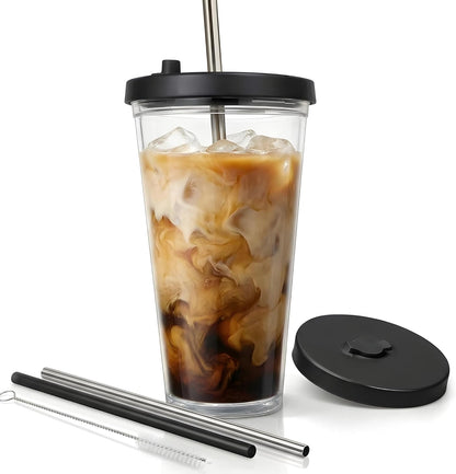 Reusable Iced Coffee Cup with Lid and Straw, 24 oz/Venti, BPA-Free Double-Wall Insulated Plastic Tumbler for Cold Drinks, Includes Clear Plastic Straw, Stainless Steel Straw and Cleaning Brush, White