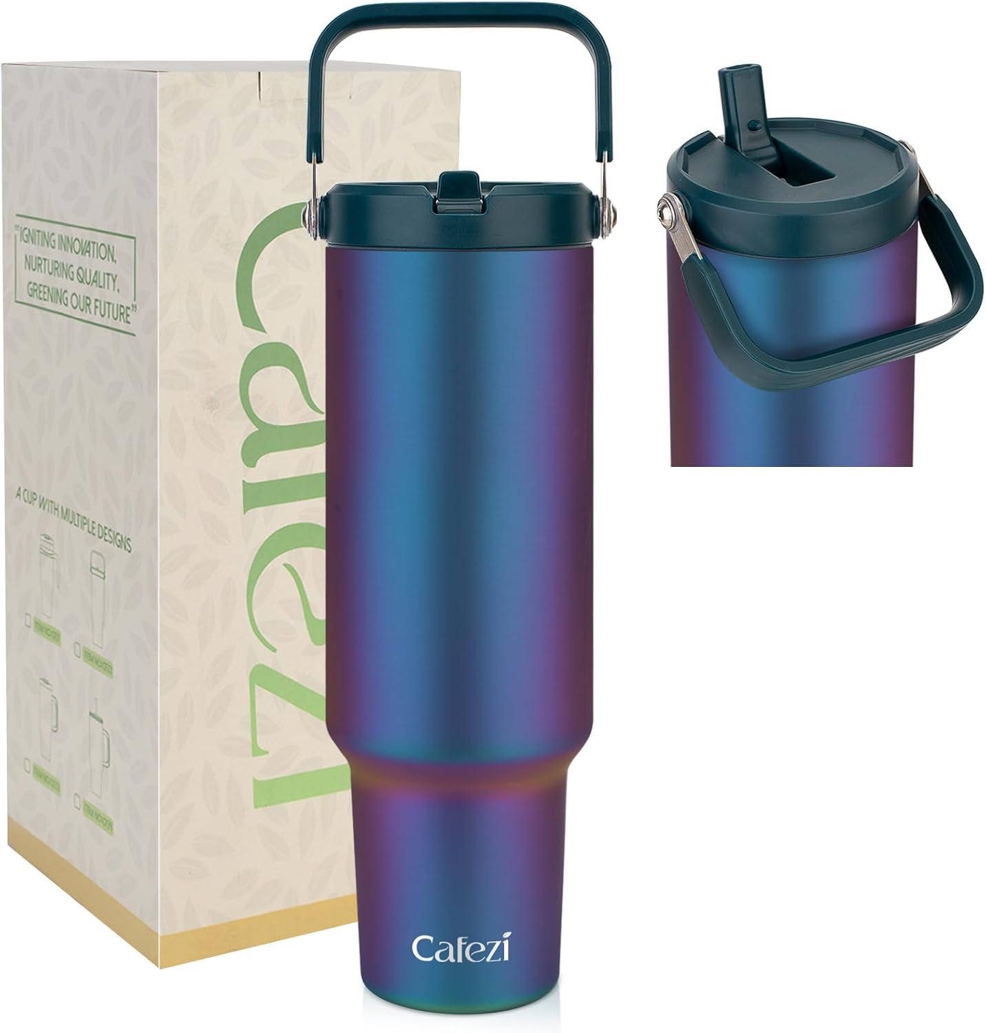 40 oz Insulated Tumbler with Top Handle and Flip Straw, Vacuum Insulated Stainless Steel Cup with Leak-Proof Lid, Sweat-Free, Fits Cup Holder, Keeps Ice Cold up to 30 Hours