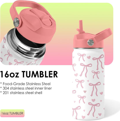 Strawberry Gifts for Kids - 16oz Pink Kids Water Bottle with Straw Lid, Stainless Steel Insulated Water Bottle, Leakproof, BPA-Free, for Girls, School, Strawberry Lover Children Birthday Gift Cup(1pc)