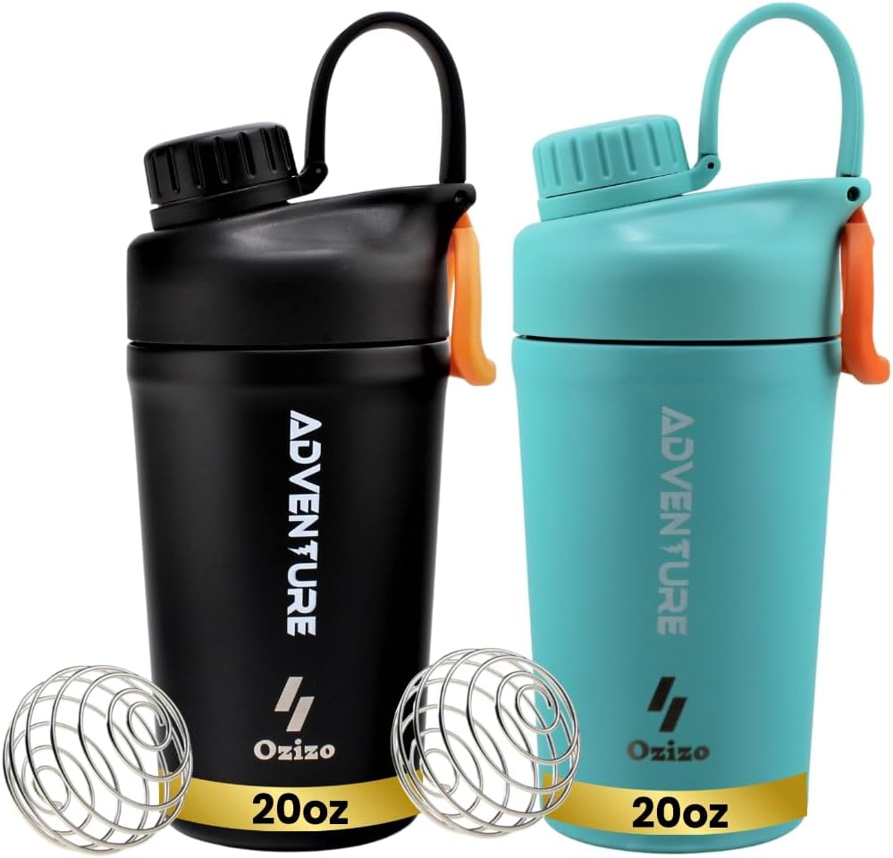 Ozizo 2 Pack Stainless Steel Insulated Protein Shaker Bottle, 20oz Leak Proof Shaker Cup with Wire Whisk Ball for Protein Mixes, Hot & Cold Drinks, Gym & Fitness (Blue + Blue)