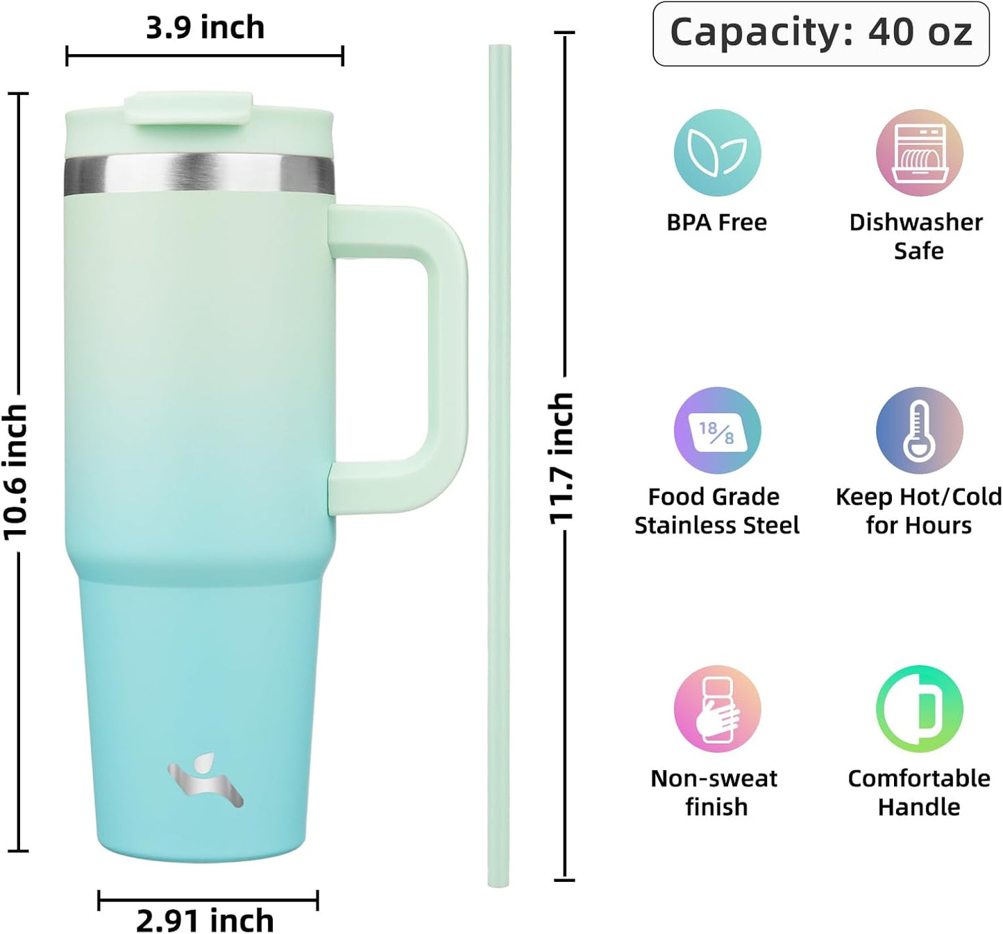 Konokyo 30 oz Tumbler with Handle and 2 Straws,2 in 1 Lid Insulated Water Bottle Stainless Steel Travel Coffee Mug,Sky