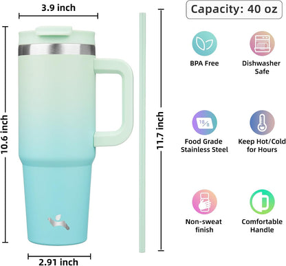 Konokyo 30 oz Tumbler with Handle and 2 Straws,2 in 1 Lid Insulated Water Bottle Stainless Steel Travel Coffee Mug,Sky