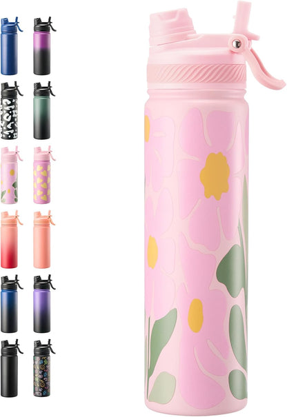 Fijinhom 18 oz Insulated Water Bottle, 2-in-1 Straw and Spout Lid Stainless Steel Thermos, Leak-Proof, Double Wall Vacuum Flask, Keep Cold 24H for Outdoor, Sports, Travel, School (Black)