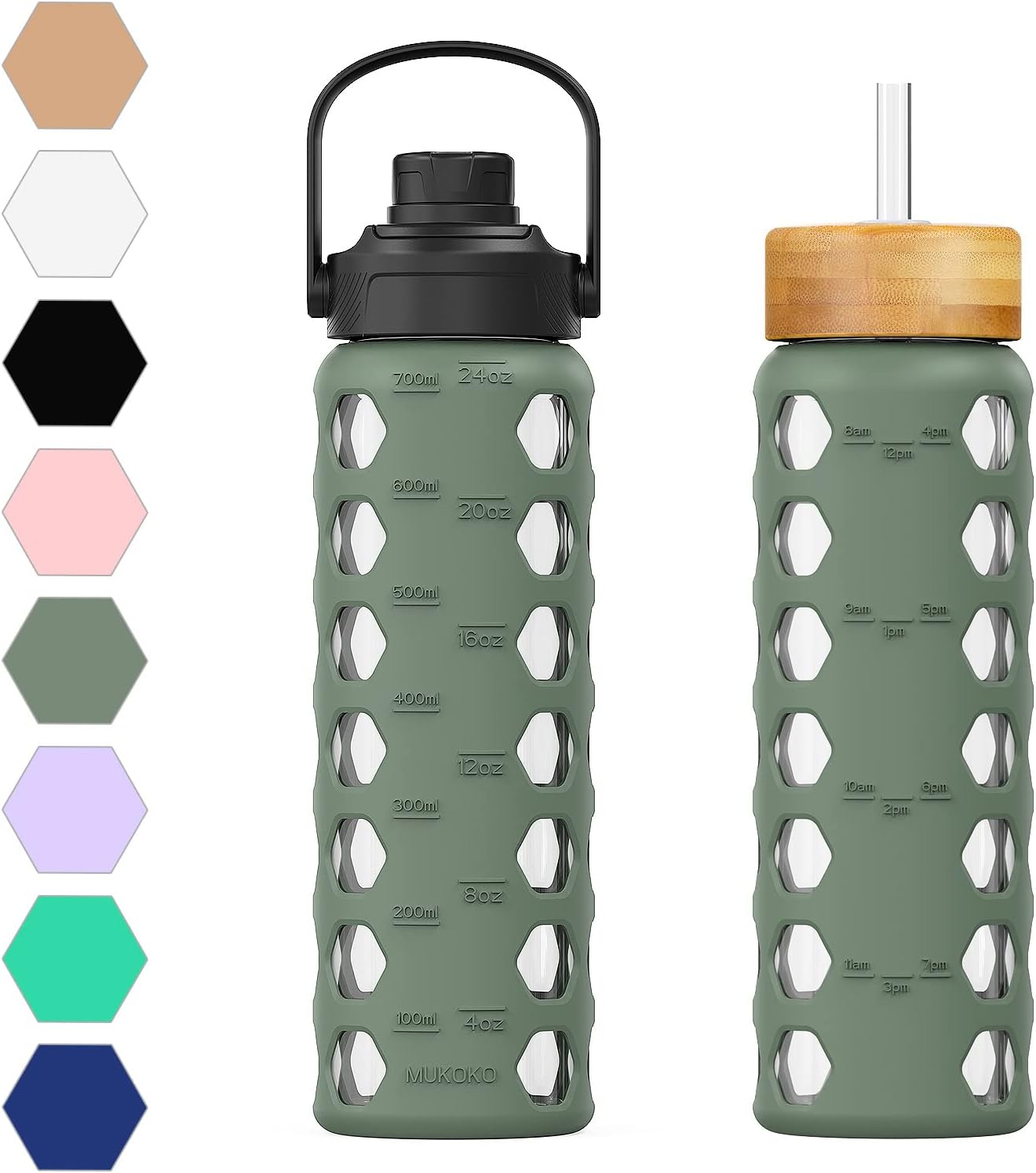 MUKOKO Glass Water Bottles, 32oz Glass Tumbler with Straw, Drinking Bottles with 2 Lids-Handle Spout Lid&Bamboo Straw Lid, Motivational Water Bottle with Time Marker and Silicone Sleeve, 1 Pack-Olive