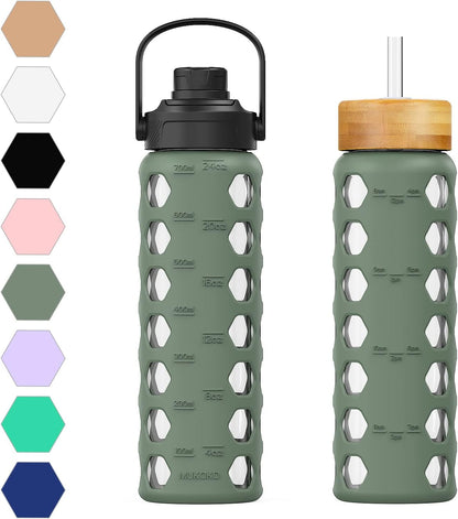 MUKOKO Glass Water Bottles, 32oz Glass Tumbler with Straw, Drinking Bottles with 2 Lids-Handle Spout Lid&Bamboo Straw Lid, Motivational Water Bottle with Time Marker and Silicone Sleeve, 1 Pack-Olive