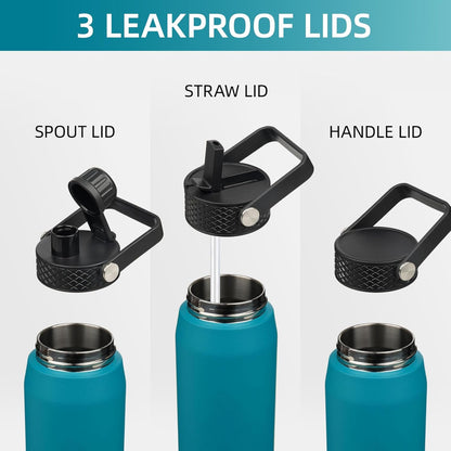 Konokyo 22oz Stainless Steel Bottles with 3 Lids Sport Insulated Water Bottle,Mint