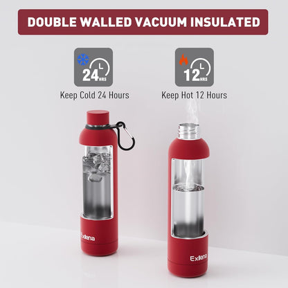 Exllena Slim Insulated Water Bottles for Travel 18oz with Clip, Double Wall Vacuum Stainless Steel Water Bottle Keeps Drinks Cold 24 Hrs/Hot 12 Hrs, 100% Leakproof, BPA Free(Black)