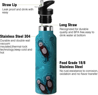 Pickleball Sport Water Bottle with Straw, Vacuum Insulated Stainless Steel Thermal Drinking Travel Mug Cups For Gym Fitness Camping-20oz/600ml
