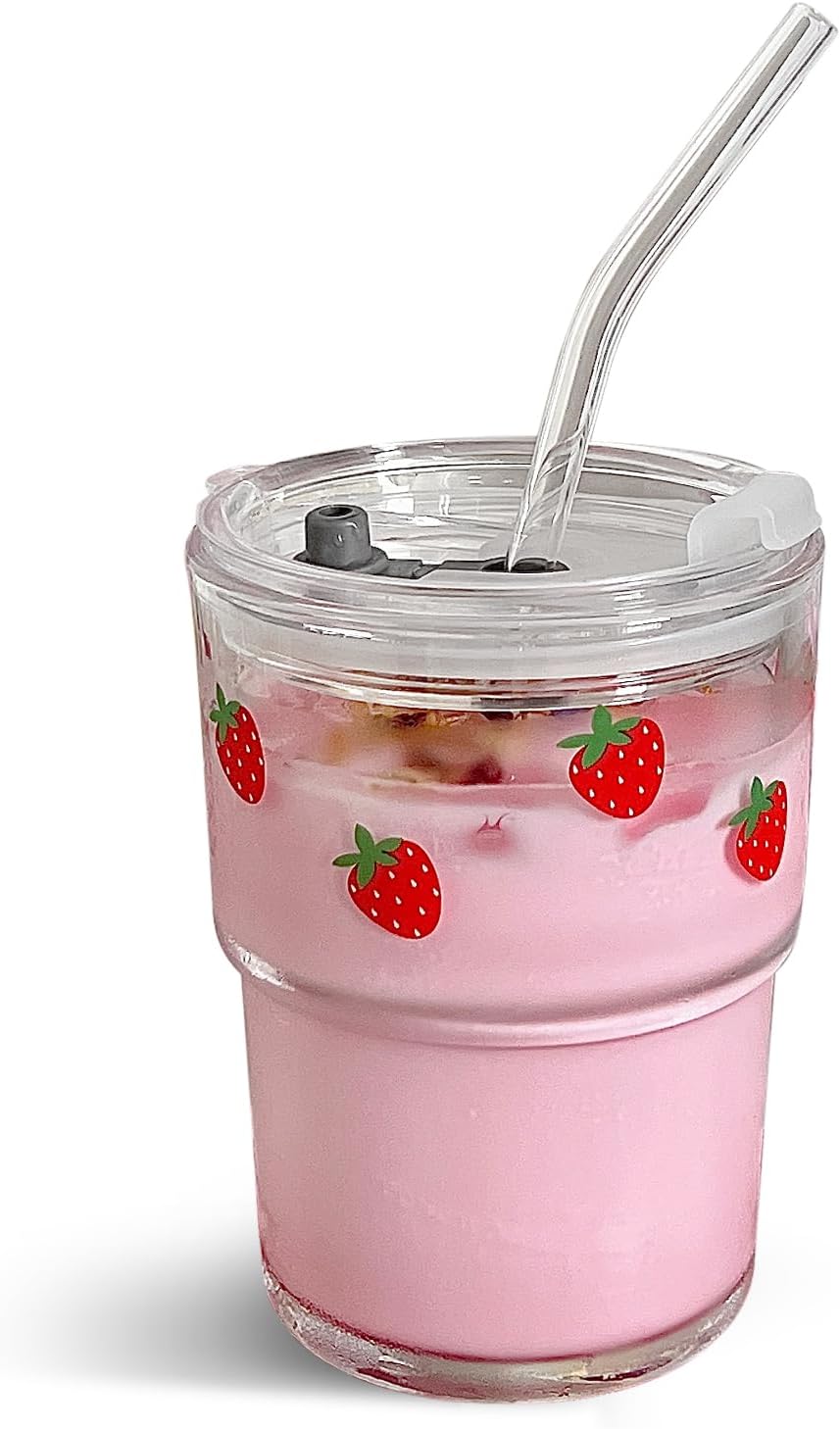Olvini 13oz Glass Tumbler with Straw and Lid, Reusable Iced Coffee Cup Tumbler, Cute Glass Cups for Water, Matcha, Travel Coffee Mugs (Daisy)