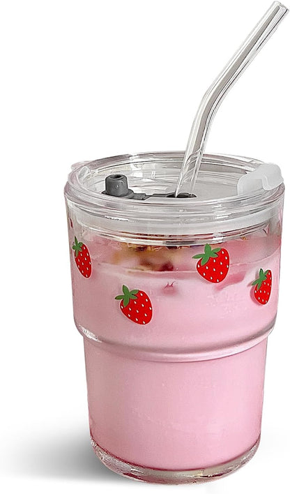 Olvini 13oz Glass Tumbler with Straw and Lid, Reusable Iced Coffee Cup Tumbler, Cute Glass Cups for Water, Matcha, Travel Coffee Mugs (Daisy)