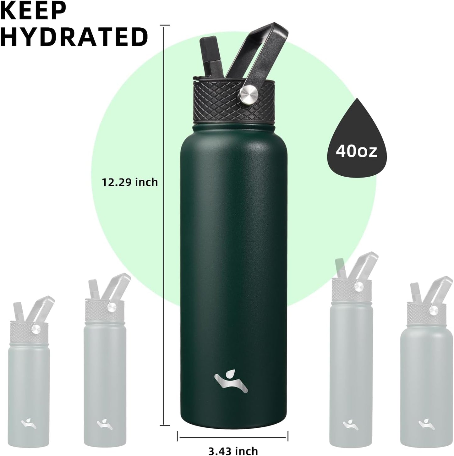 Konokyo 22oz Stainless Steel Bottles with 3 Lids Sport Insulated Water Bottle,Mint
