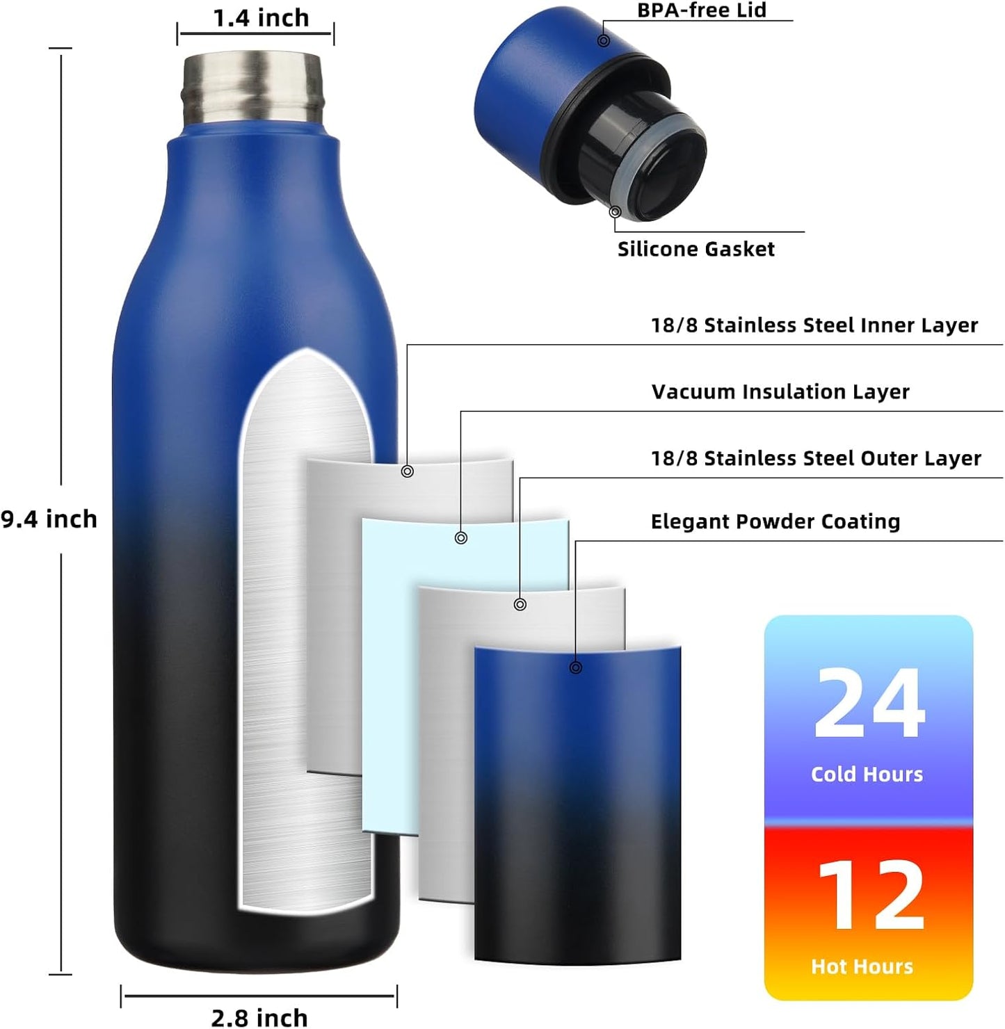 BJPKPK Insulated Water Bottles, 18 oz Stainless Steel Metal Water Bottle with Strap, BPA Free Leak Proof Jugs, Mugs, Flasks, Reusable Thermal Flasks for Sports & Travel, Black - Colors B