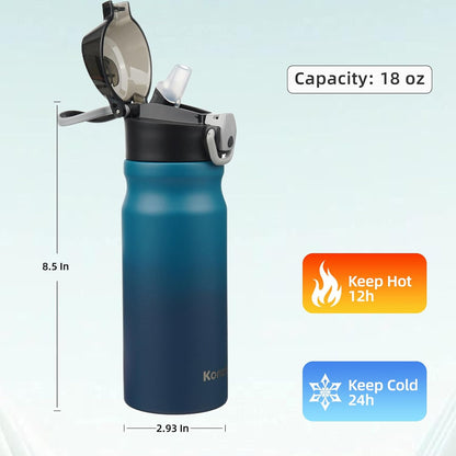 Konokyo 18 oz Insulated Water Bottle with Straw Lid, Stainless Steel Vacuum Sports Water Bottle, Leak-Proof Reusable Metal Flask with Carry Loop, BPA-Free Travel Bottle for Gym, School, Office
